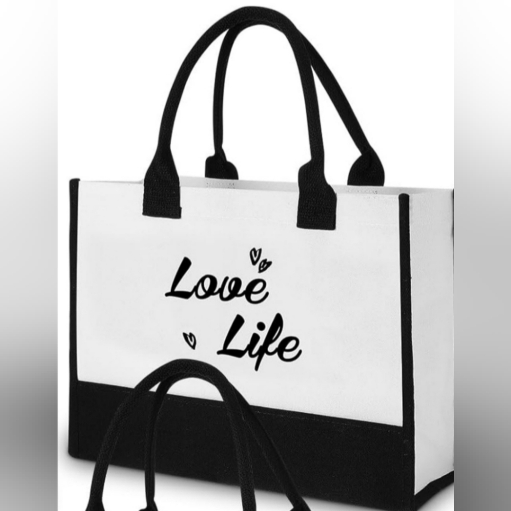 Stylish 'Love Life' Black and White Tote Bag With Handles
